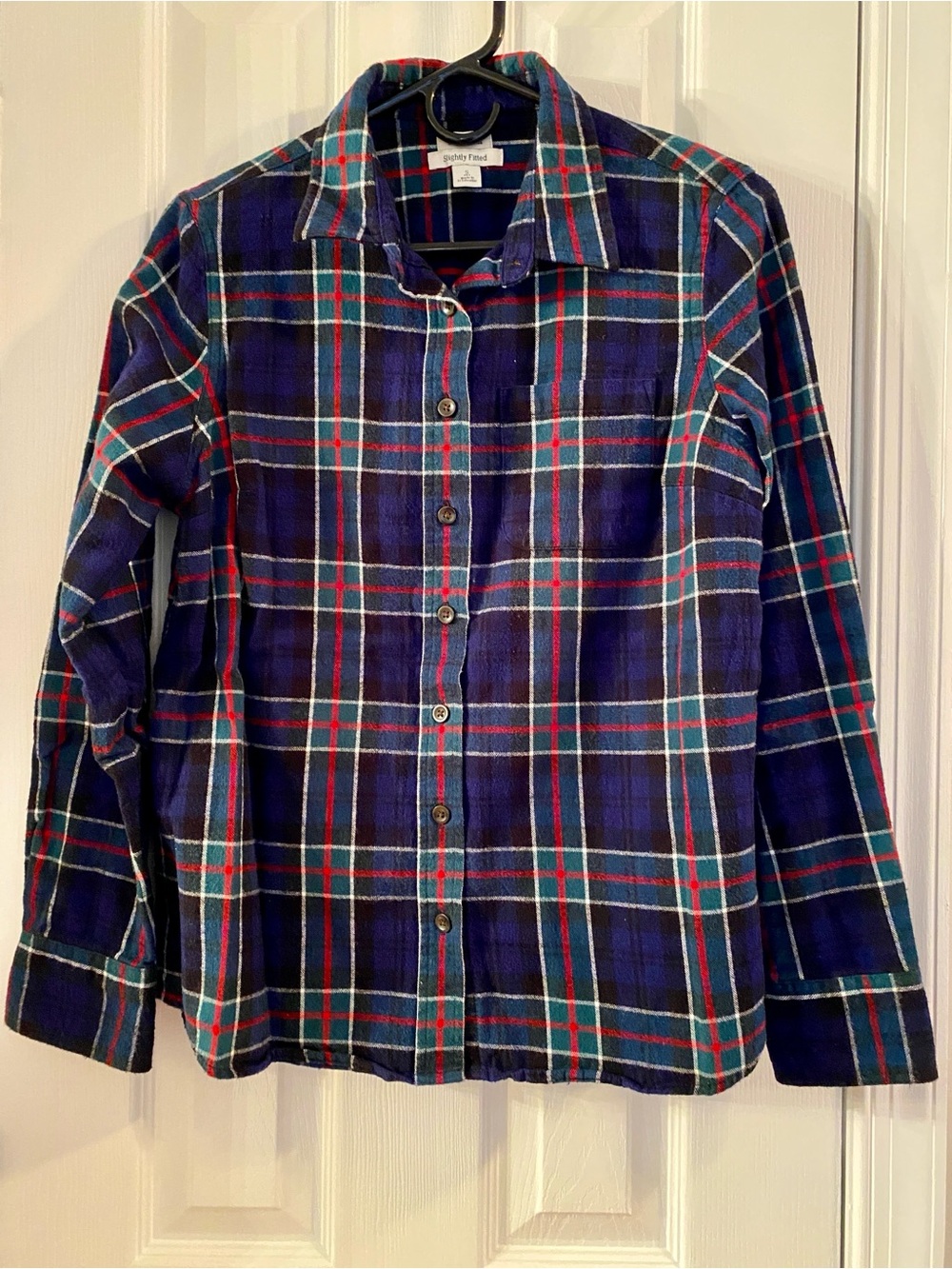 L.L.Bean Women’s Petite Navy, Green & Red Plaid Flannel Shirt